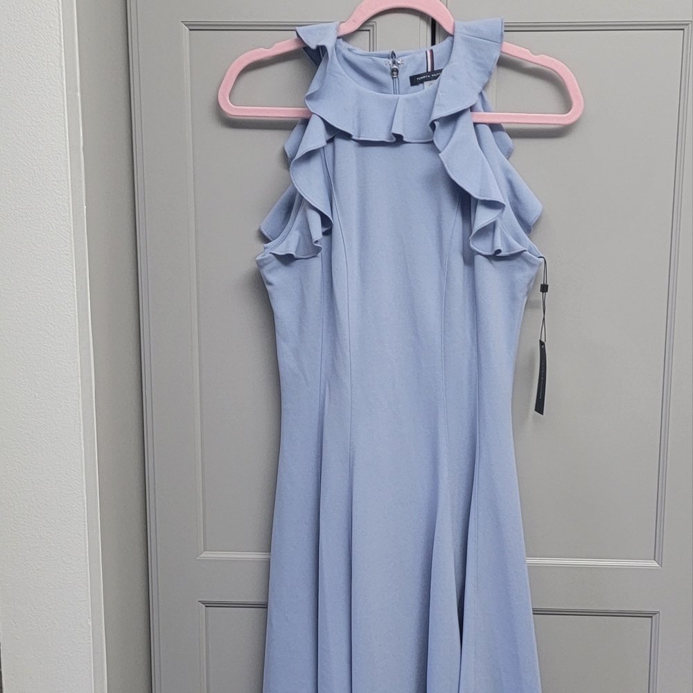 Tommy Hilfiger Sleeveless Ruffle Trim Fit and Flare Powder Blue Dress 6
